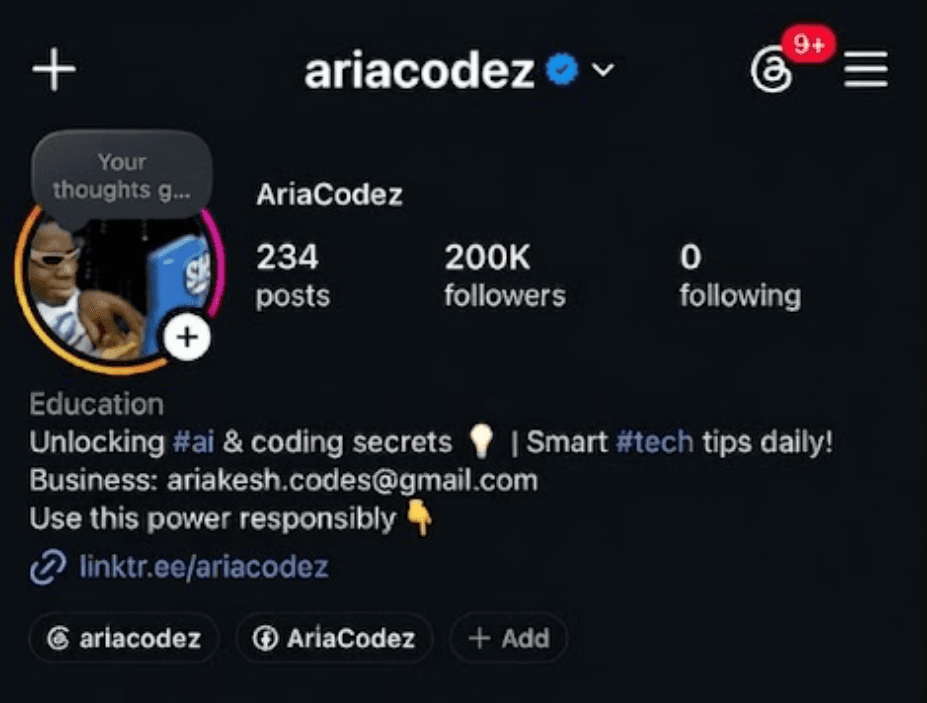 @ariacodez Instagram profile showing 200K followers