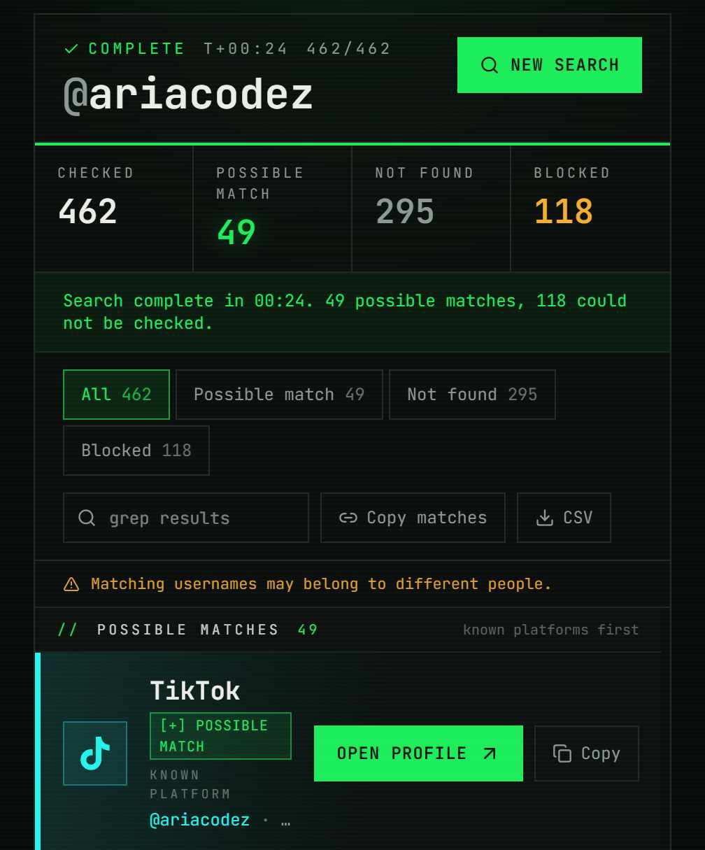 The results screen for ariacodez: 462 checked, 49 possible matches, 295 not found, 118 blocked.
