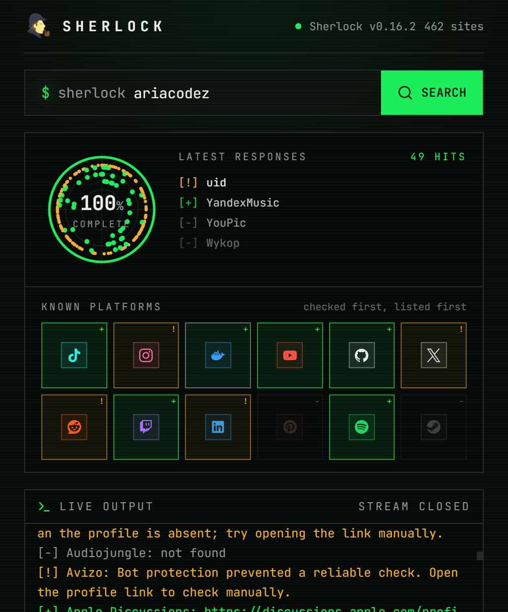 The app mid-search: a radar dial at 100 percent, 49 hits, a grid of known platforms and a live output log.